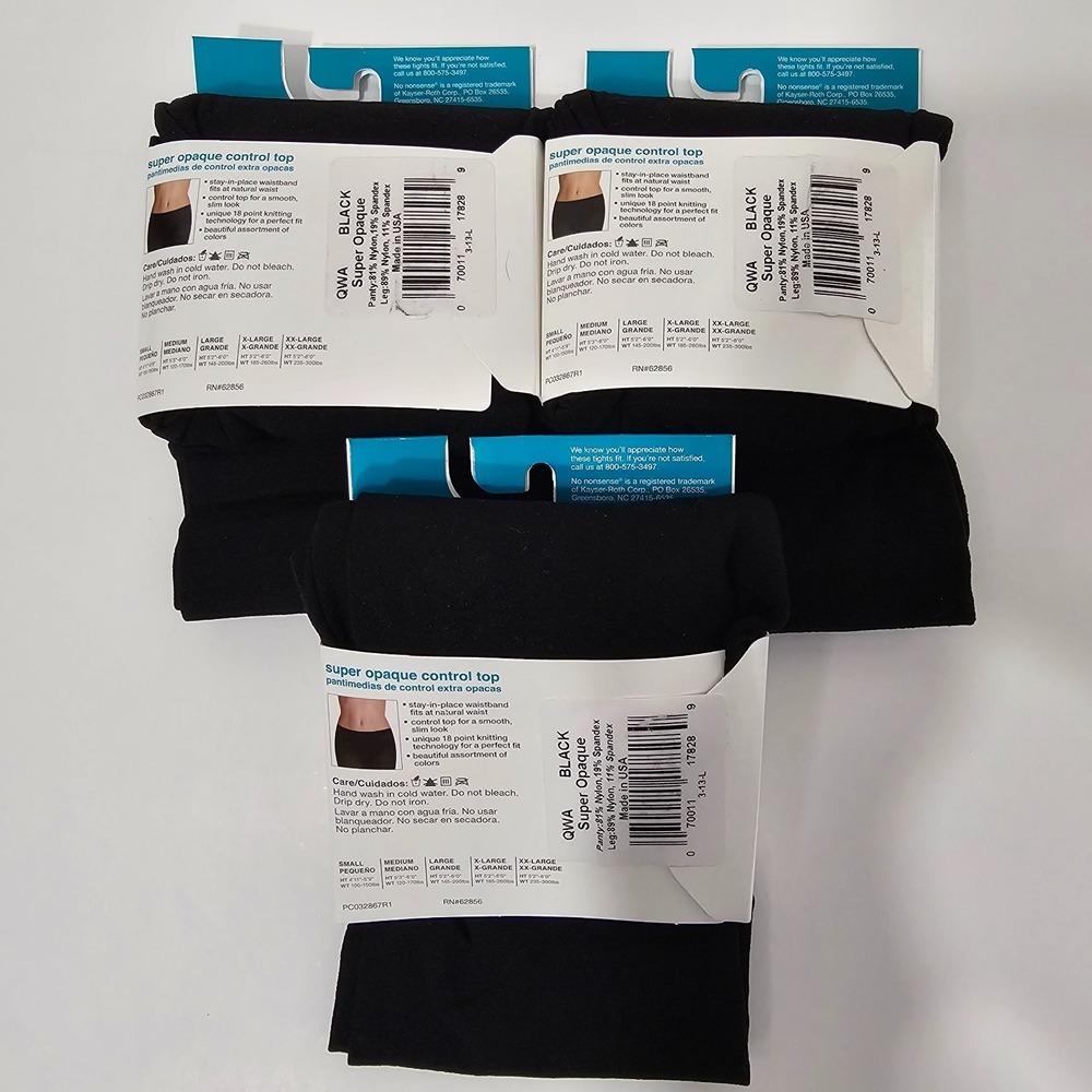 3 Pack No Nonsense Women's Tights Control Top Super Opaque BLACK SIZE XL - Picture 2 of 12